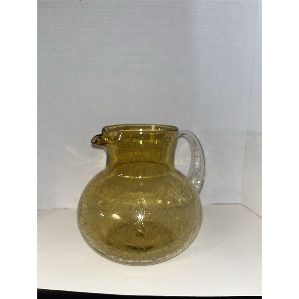 Vintage Art Glass Blown Amber Pitcher‎ Controlled Bubble Clear Handle 7" Tall